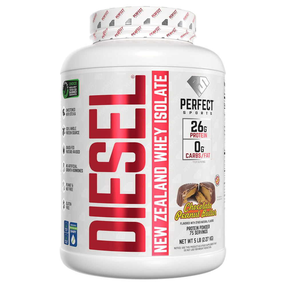 PERFECT SPORTS Diesel 100% New Zealand Whey Protein Isolate | Stevia Sweetened, No Artificial Ingredients, Keto | 0g Carb, 0g Fat, 26g Protein | 5 Pounds (Chocolate Peanut Butter)