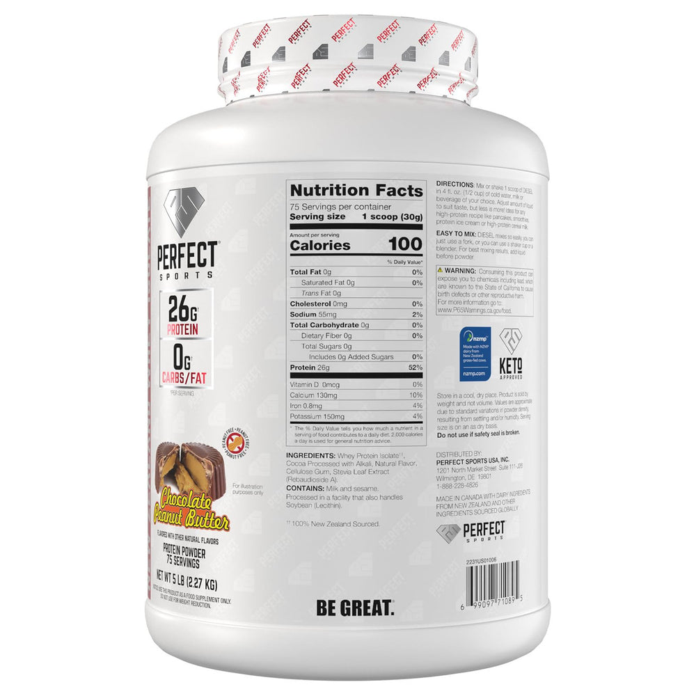 PERFECT SPORTS Diesel 100% New Zealand Whey Protein Isolate | Stevia Sweetened, No Artificial Ingredients, Keto | 0g Carb, 0g Fat, 26g Protein | 5 Pounds (Chocolate Peanut Butter)