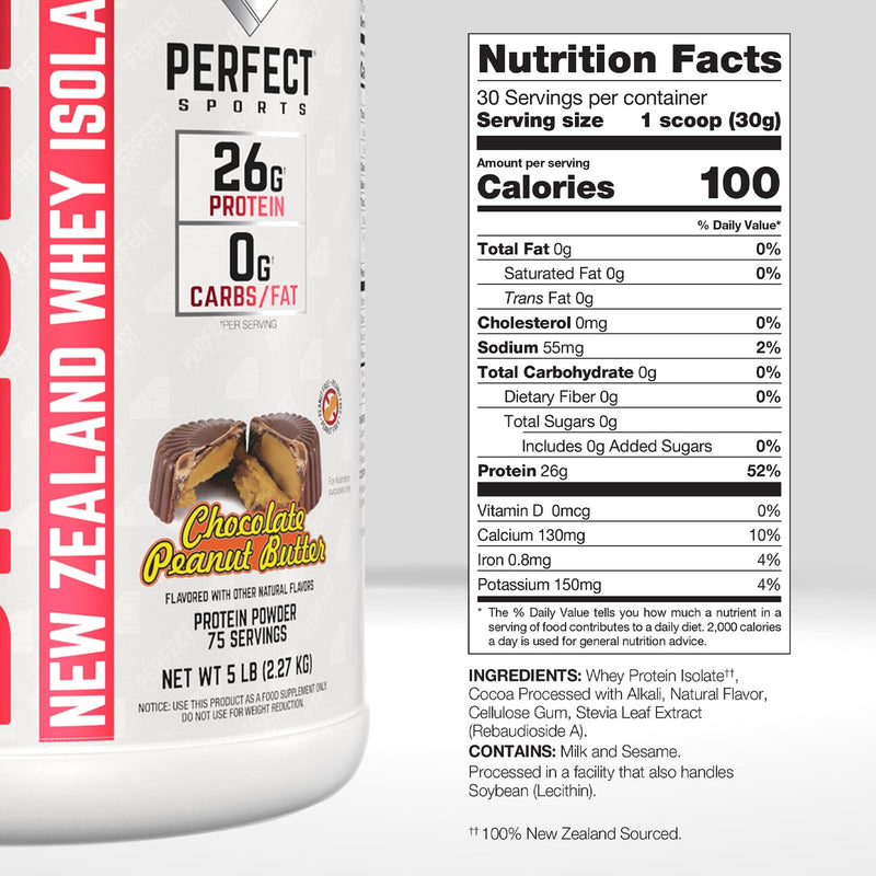 PERFECT SPORTS Diesel 100% New Zealand Whey Protein Isolate | Stevia Sweetened, No Artificial Ingredients, Keto | 0g Carb, 0g Fat, 26g Protein | 5 Pounds (Chocolate Peanut Butter)